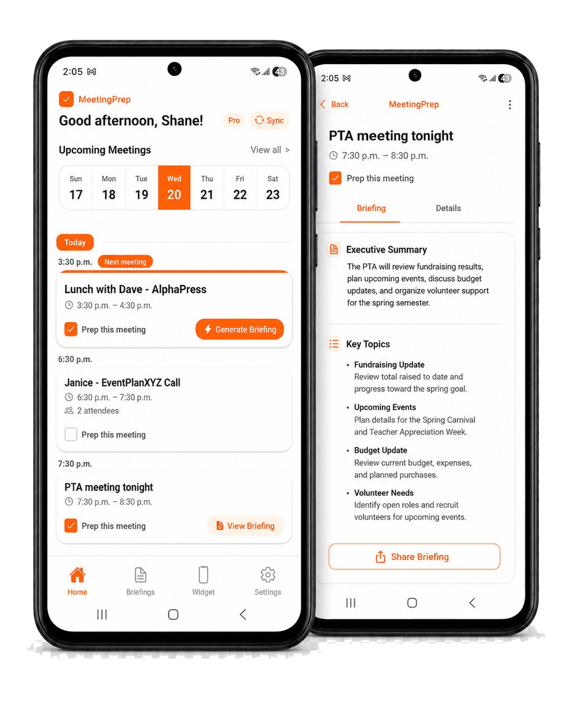 MeetingPrep mobile app showing upcoming meetings and a generated briefing