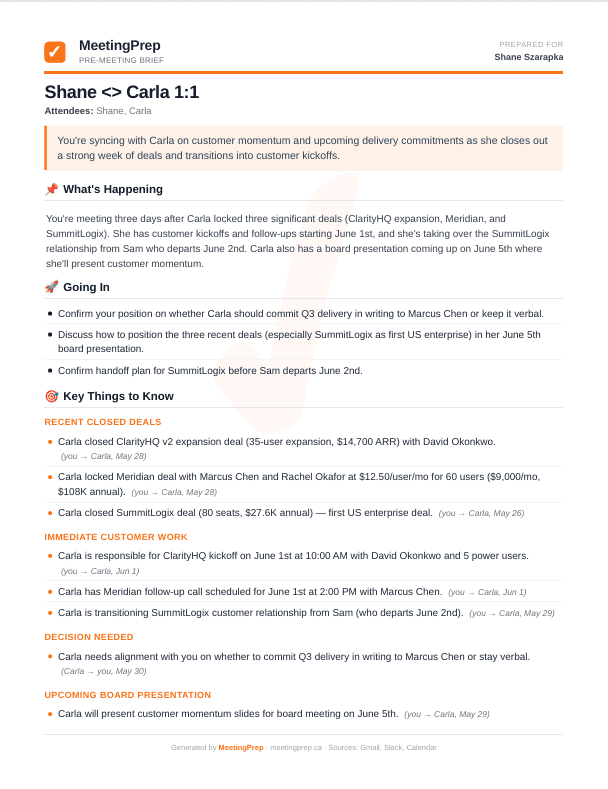 MeetingPrep pre-meeting brief PDF