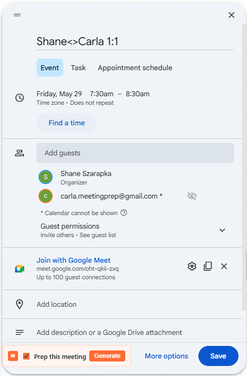 Google Calendar event with MeetingPrep checkbox